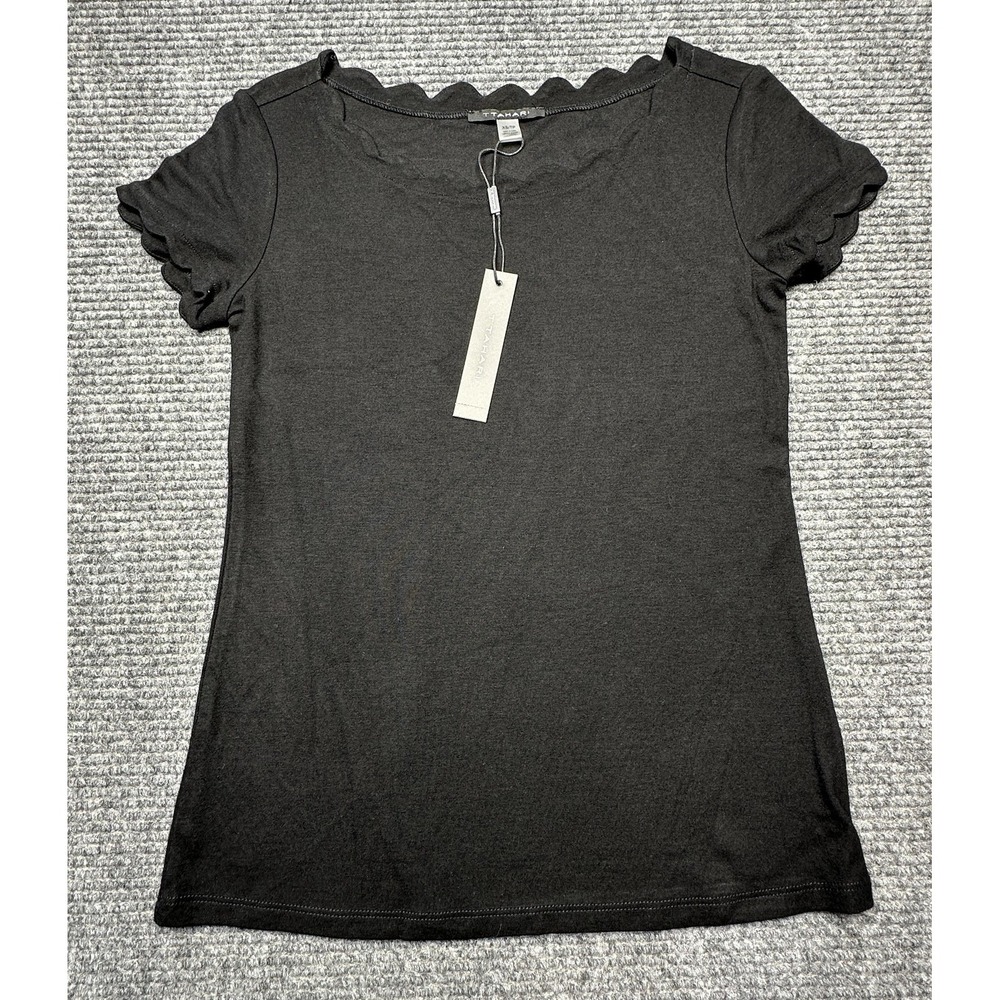 T Tahari Shirt Womens XS Black Scallop Neck Stretch Tee Short Sleeve Top New